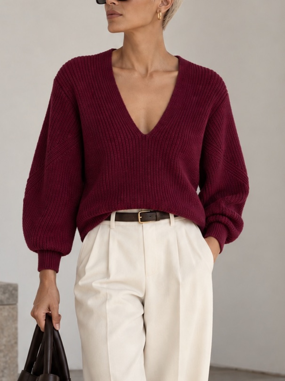 La Ligne Women's Berry V-Neck Balloon Sleeve Sweater Size M